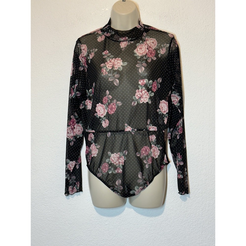 New Womens 1X Black Sheer‎ Floral Mock Neck Bodysuit Fairy Grunge Whimsigoth